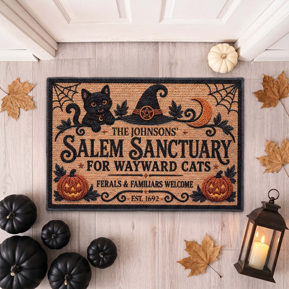 Personalized Salem Sanctuary For Wayward Cats Doormat - Custom Halloween Black Cat Welcome Mat