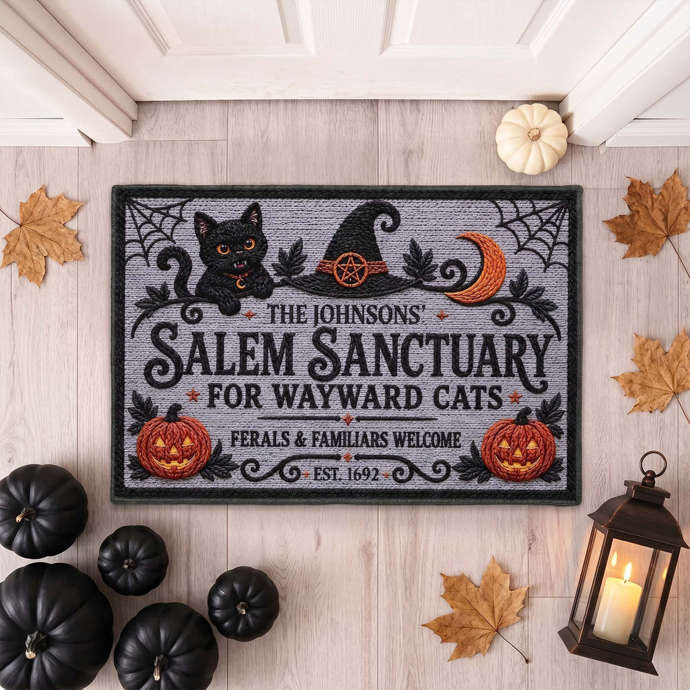 Personalized Salem Sanctuary For Wayward Cats Doormat - Custom Halloween Black Cat Welcome Mat