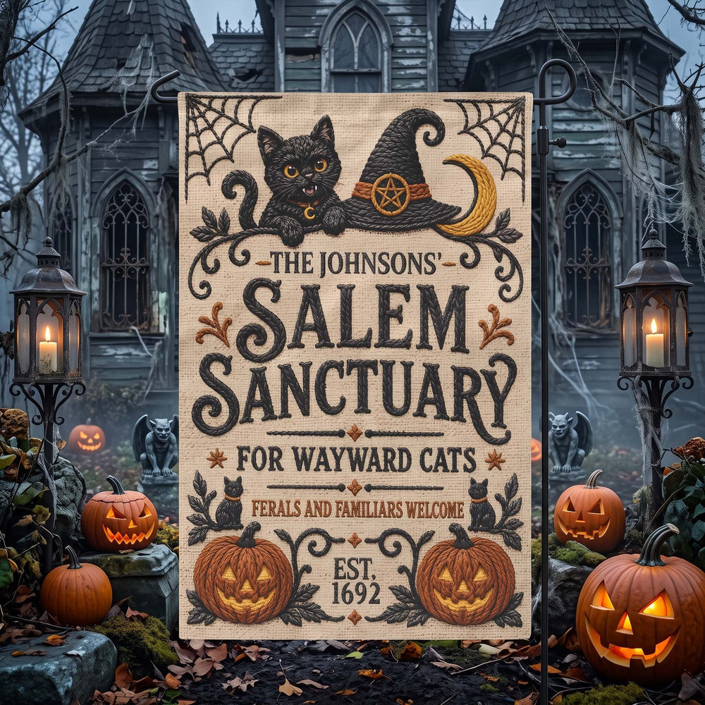 Personalized Salem Sanctuary For Wayward Cats Garden Flag - Custom Cat Lover Halloween Outdoor Yard Decor
