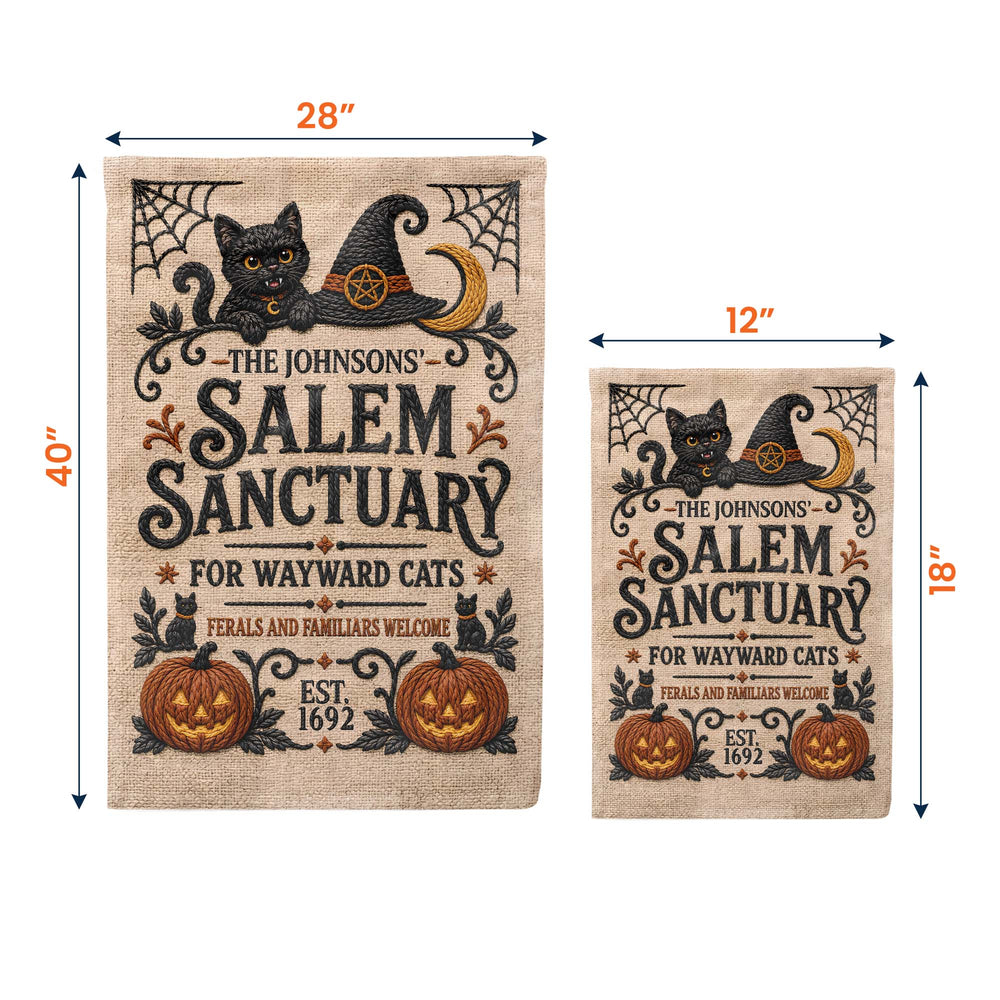 Personalized Salem Sanctuary For Wayward Cats Garden Flag - Custom Cat Lover Halloween Outdoor Yard Decor