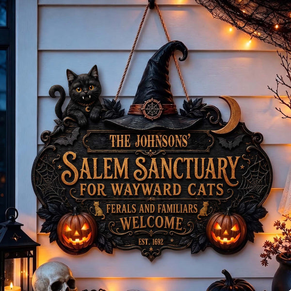 Salem Sanctuary For Wayward Cats - Personalized Halloween Wooden Door Sign
