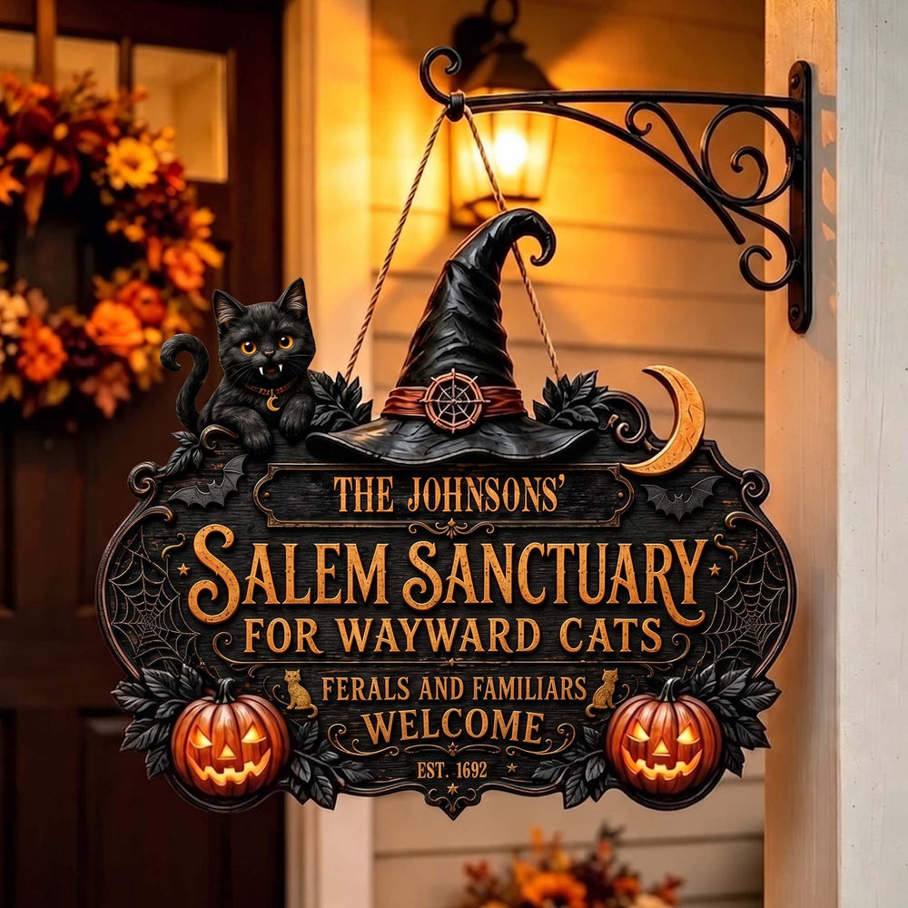 Salem Sanctuary For Wayward Cats - Personalized Halloween Wooden Door Sign