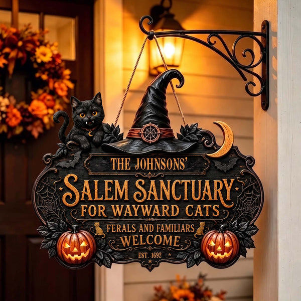 Salem Sanctuary For Wayward Cats - Personalized Halloween Wooden Door Sign