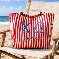 Personalized Sorority Greek Letters Monogram Striped Canvas Tote Bag