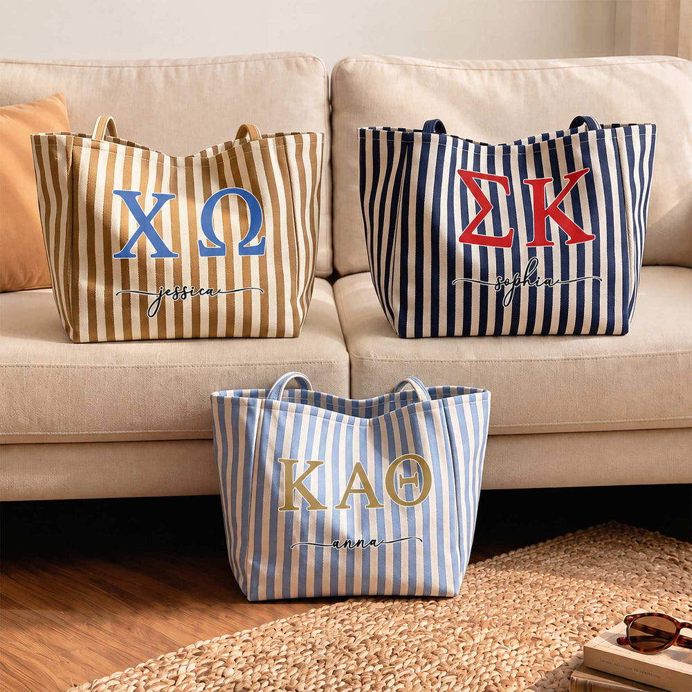 Personalized Sorority Greek Letters Monogram Striped Canvas Tote Bag