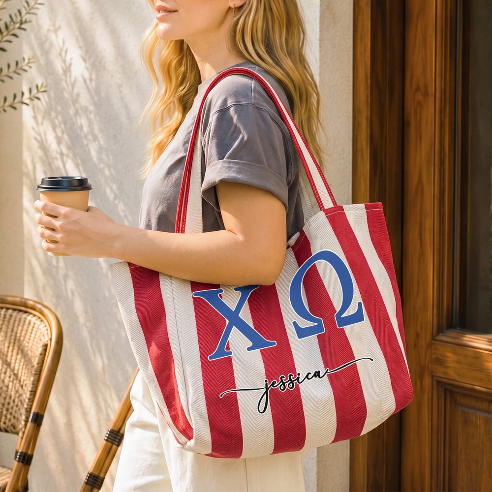 Personalized Sorority Greek Letters Monogram Striped Canvas Tote Bag