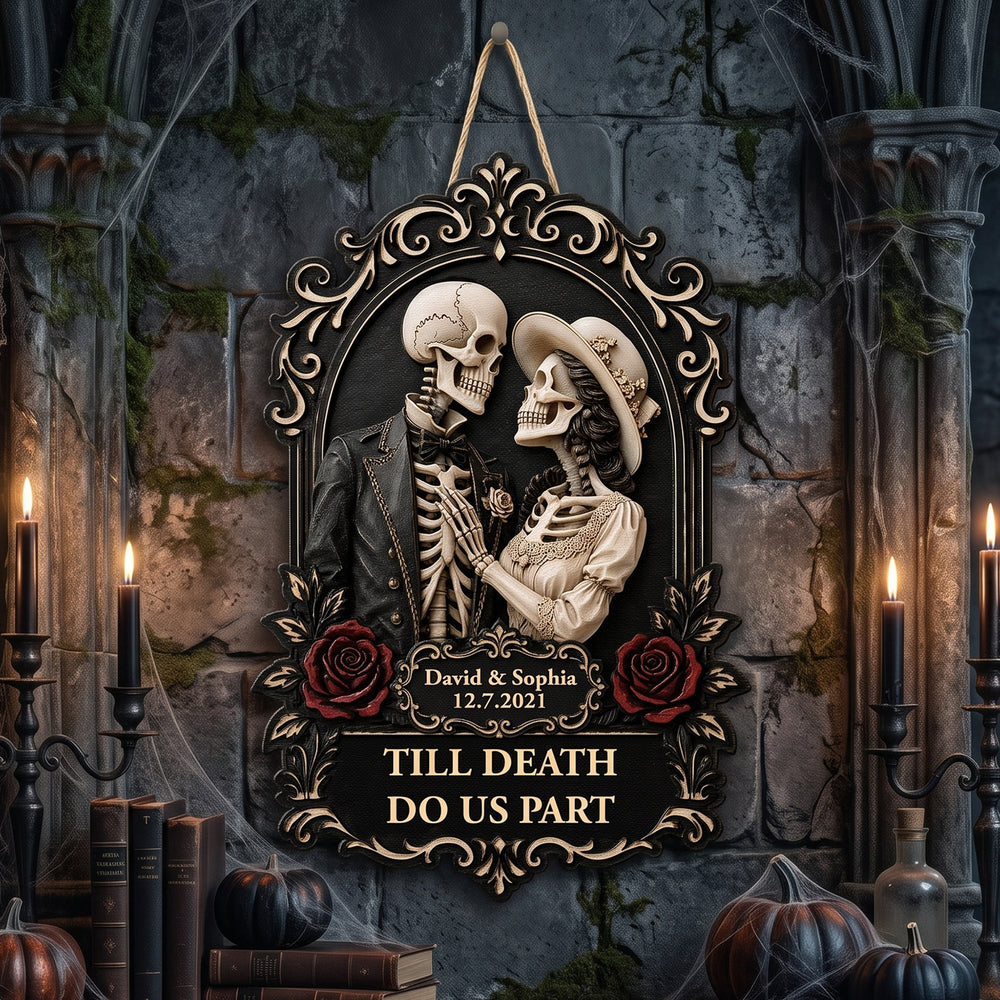 Personalized Till Death Do Us Part Skull Couple Wood Sign - Custom Gothic Anniversary Gift for Him Her