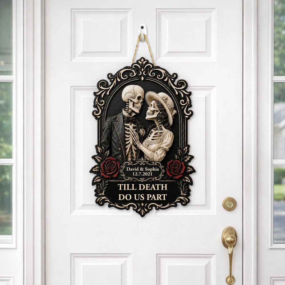 Personalized Till Death Do Us Part Skull Couple Wood Sign - Custom Gothic Anniversary Gift for Him Her