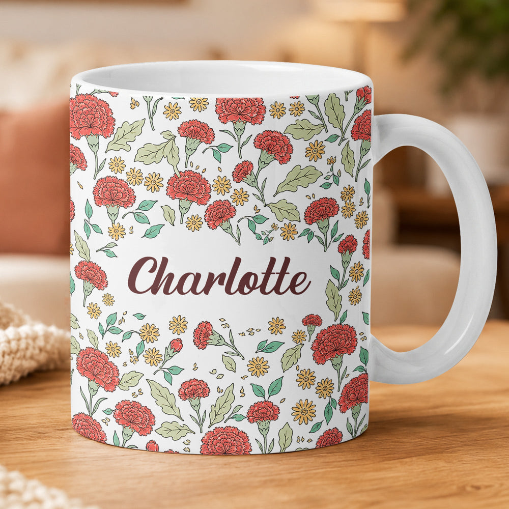 Personalized Vintage Birth Flower Mug – Custom Name Ceramic Coffee Cup