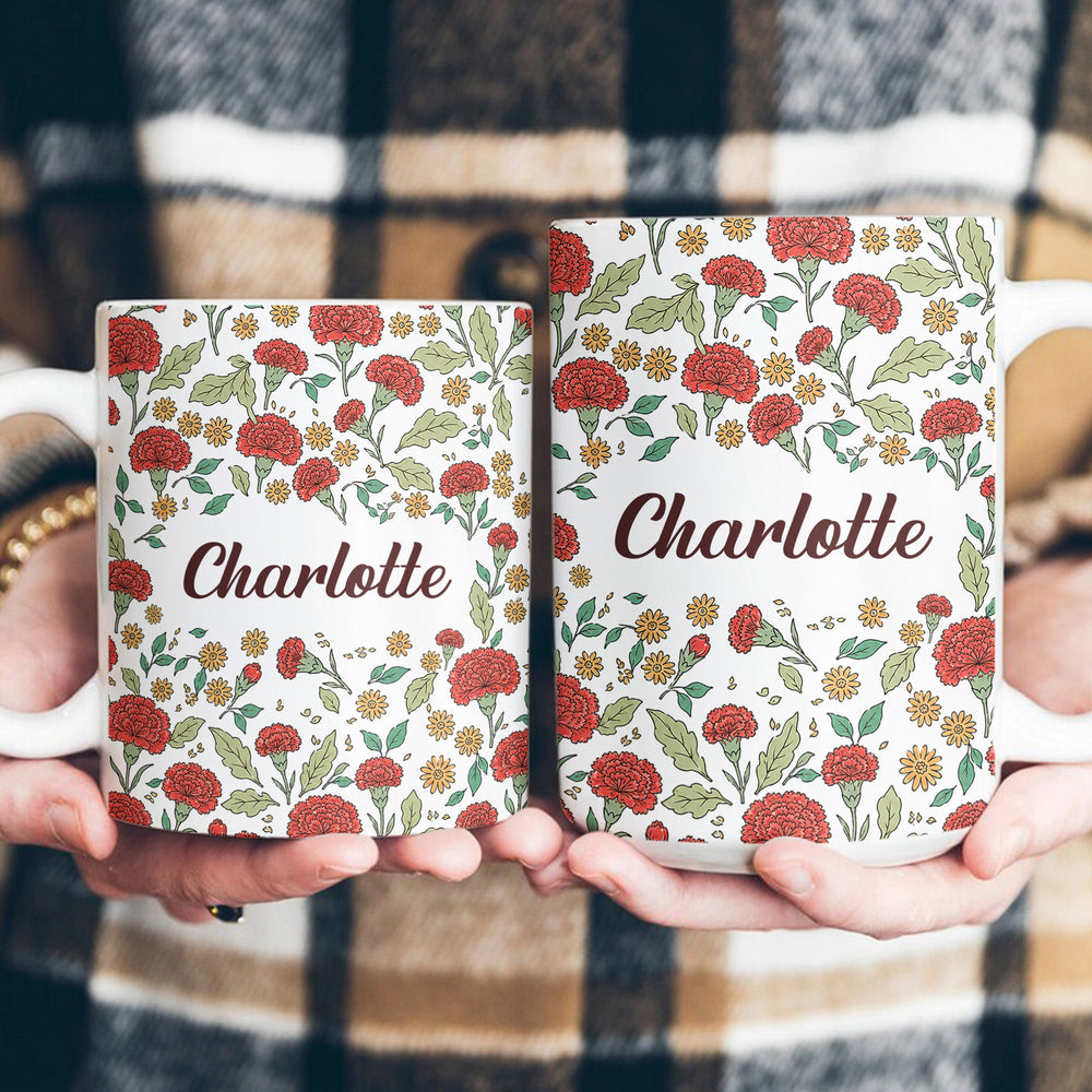 Personalized Vintage Birth Flower Mug – Custom Name Ceramic Coffee Cup