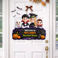 Personalized Welcome To Haunted House Wood Sign – Custom Halloween Door Decor Gift