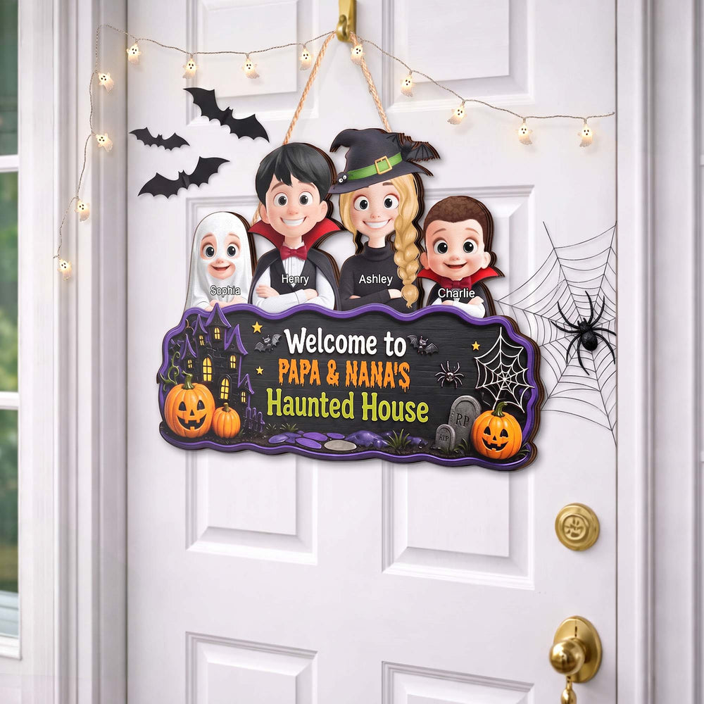 Personalized Welcome To Haunted House Wood Sign – Custom Halloween Door Decor Gift