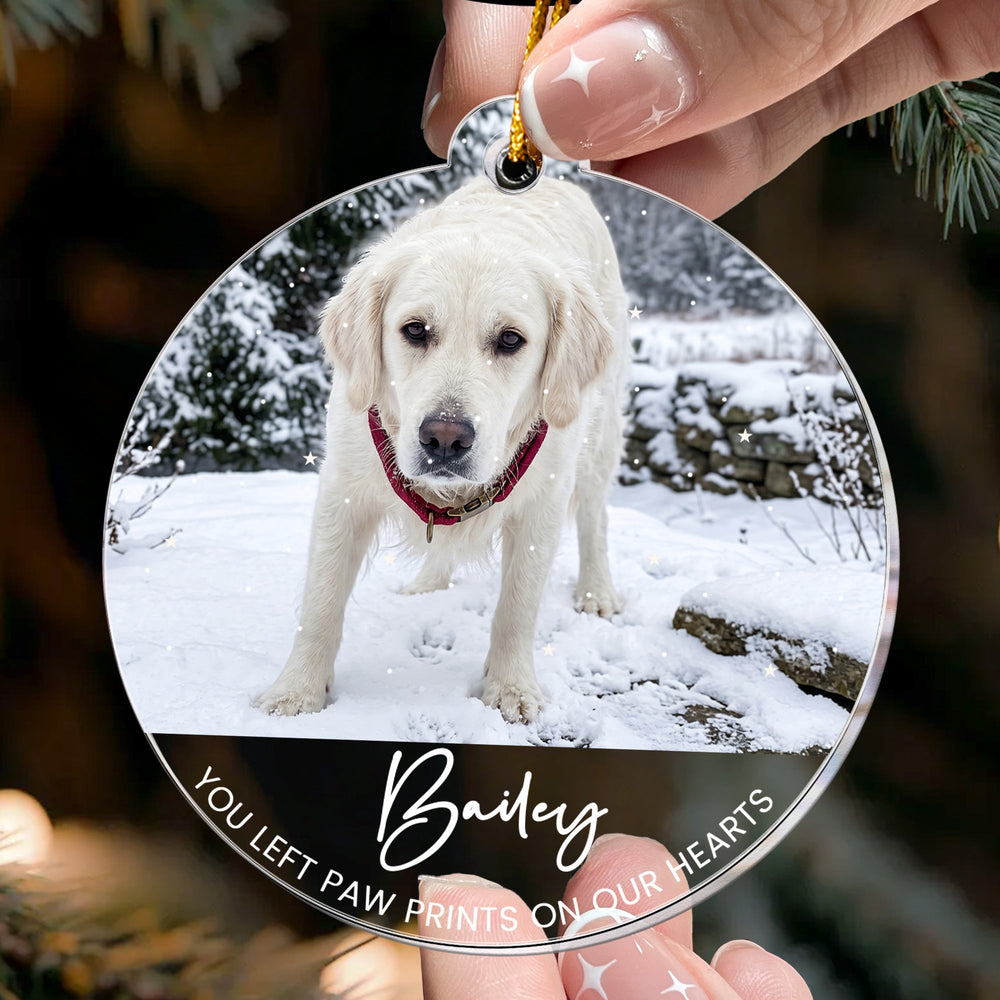Personalized You Left Paw Prints On Our Hearts Custom Photo Acrylic Ornament – Dog & Cat Memorial Christmas Keepsake Gift